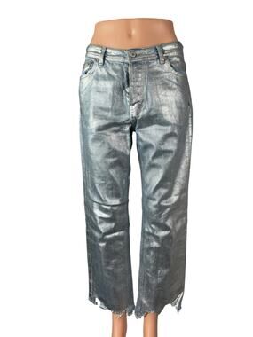 Free People Metallic Silver Raw Frayed Hem Barrel Wide Leg Denim Jeans Pants 26